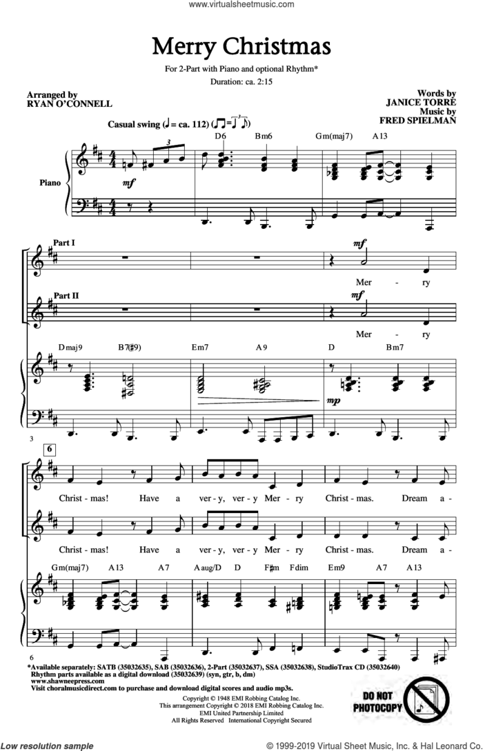Merry Christmas (arr. Ryan O'Connell) sheet music for choir (2-Part) by Fred Spielman, Johnny Mathis, Janice Torre and Janice Torre & Fred Spielman, intermediate duet