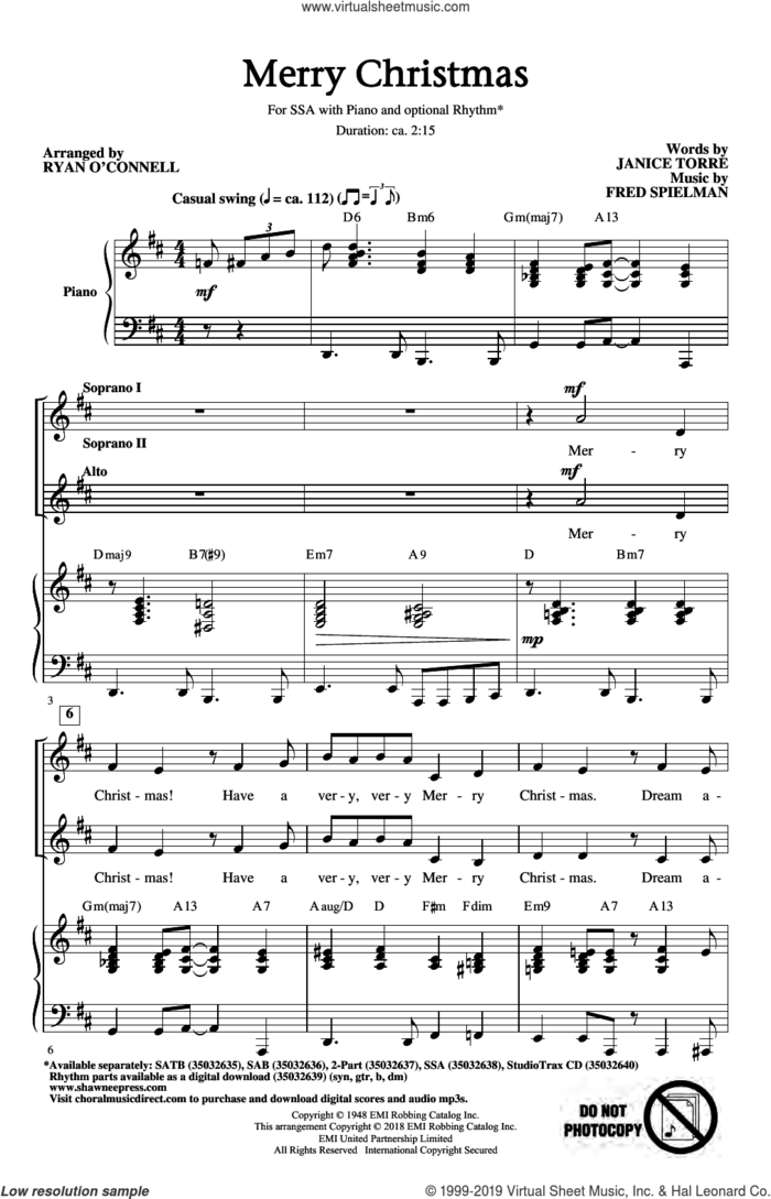 Merry Christmas (arr. Ryan O'Connell) sheet music for choir (SSA: soprano, alto) by Fred Spielman, Johnny Mathis, Janice Torre and Janice Torre & Fred Spielman, intermediate skill level