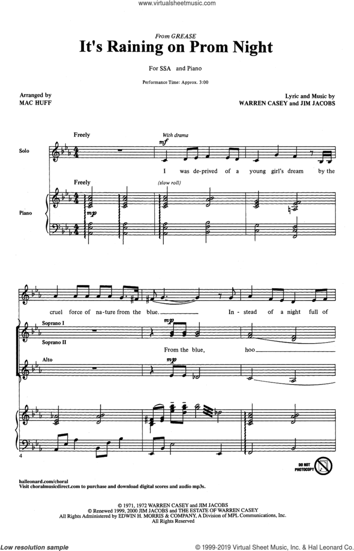 It's Raining On Prom Night (arr. Mac Huff) sheet music for choir (SSA: soprano, alto) by Jim Jacobs, Mac Huff, Jim Jacobs & Warren Casey and Warren Casey, intermediate skill level