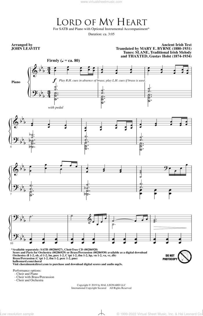 Lord Of My Heart sheet music for choir (SATB: soprano, alto, tenor, bass) by Traditional Irish and John Leavitt, intermediate skill level