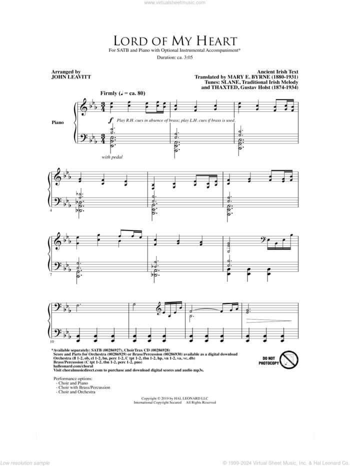 Lord Of My Heart sheet music for choir (SATB: soprano, alto, tenor, bass) by Traditional Irish and John Leavitt, intermediate skill level