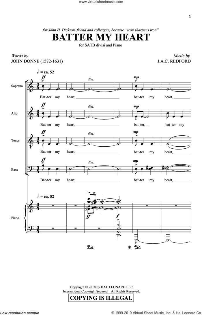 Batter My Heart sheet music for choir (SATB: soprano, alto, tenor, bass) by Jac Redford, J.A.C Redford & John Donne and John Donne, intermediate skill level