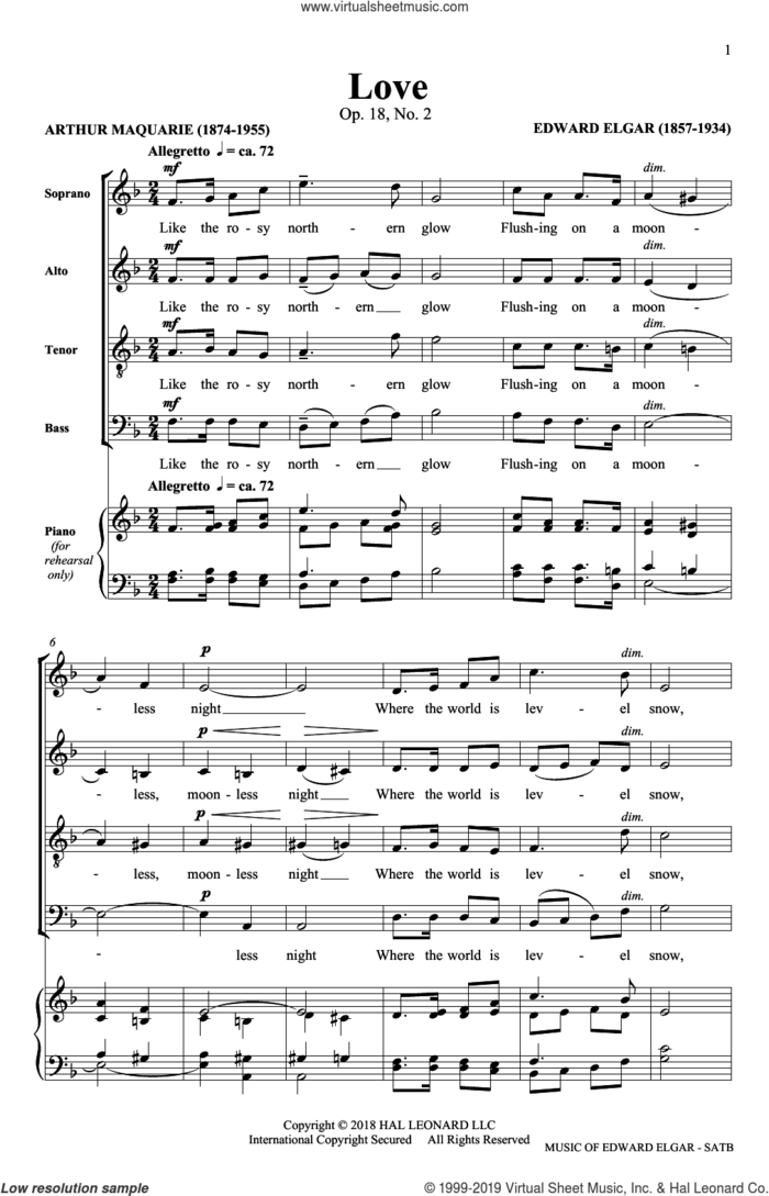 Love (arr. Philip Lawson) sheet music for choir (SATB: soprano, alto, tenor, bass) by Edward Elgar and Philip Lawson, classical score, intermediate skill level