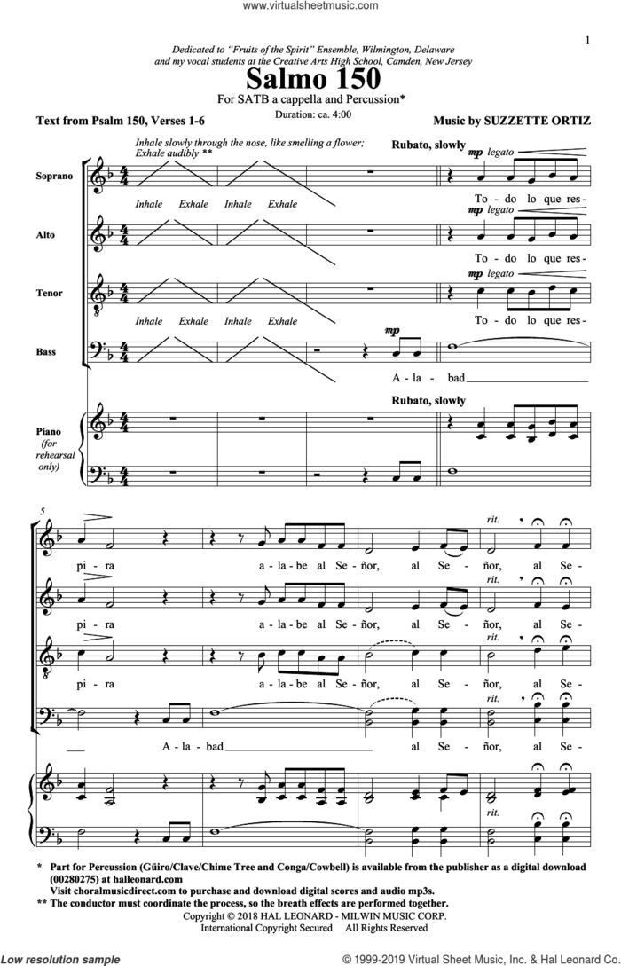 Salmo 150 sheet music for choir (SATB: soprano, alto, tenor, bass) by Suzzette Ortiz and Psalm 150, 1-6, intermediate skill level