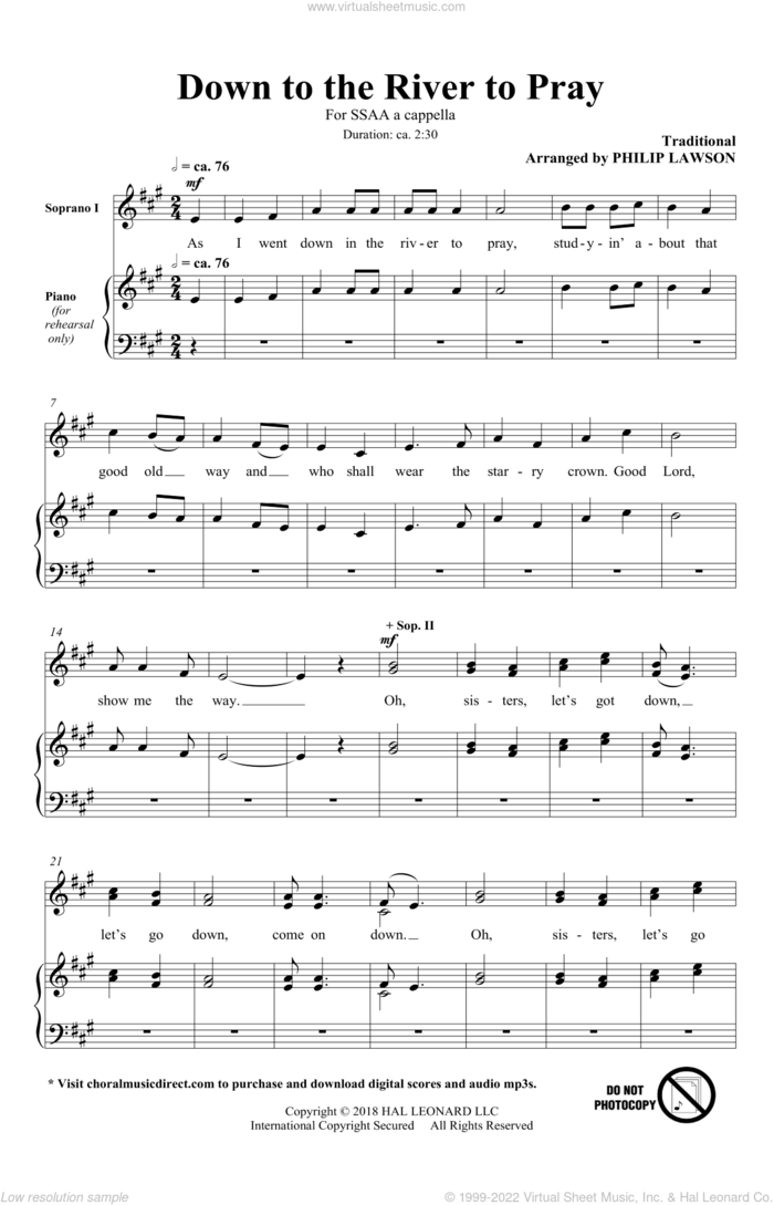 Down To The River To Pray sheet music for choir (SSAA: soprano, alto) by Philip Lawson and Miscellaneous, intermediate skill level