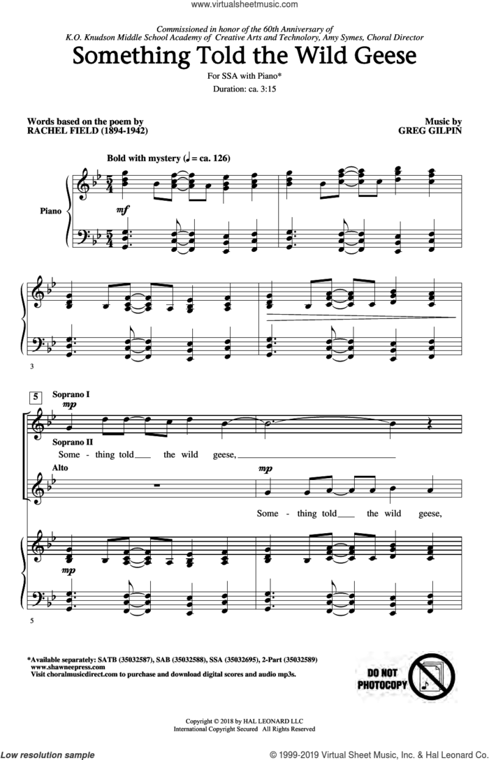 Something Told The Wild Geese sheet music for choir (SSA: soprano, alto) by Greg Gilpin and Rachel Field, intermediate skill level