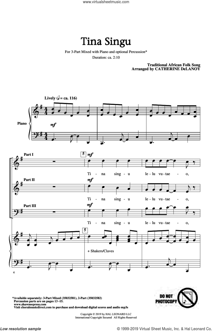Tina Singu sheet music for choir (3-Part Mixed) by Catherine Delanoy and Miscellaneous, intermediate skill level