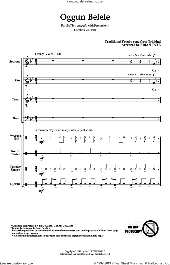 Oggun Belele sheet music for choir (SATB: soprano, alto, tenor, bass) by Brian Tate, intermediate skill level