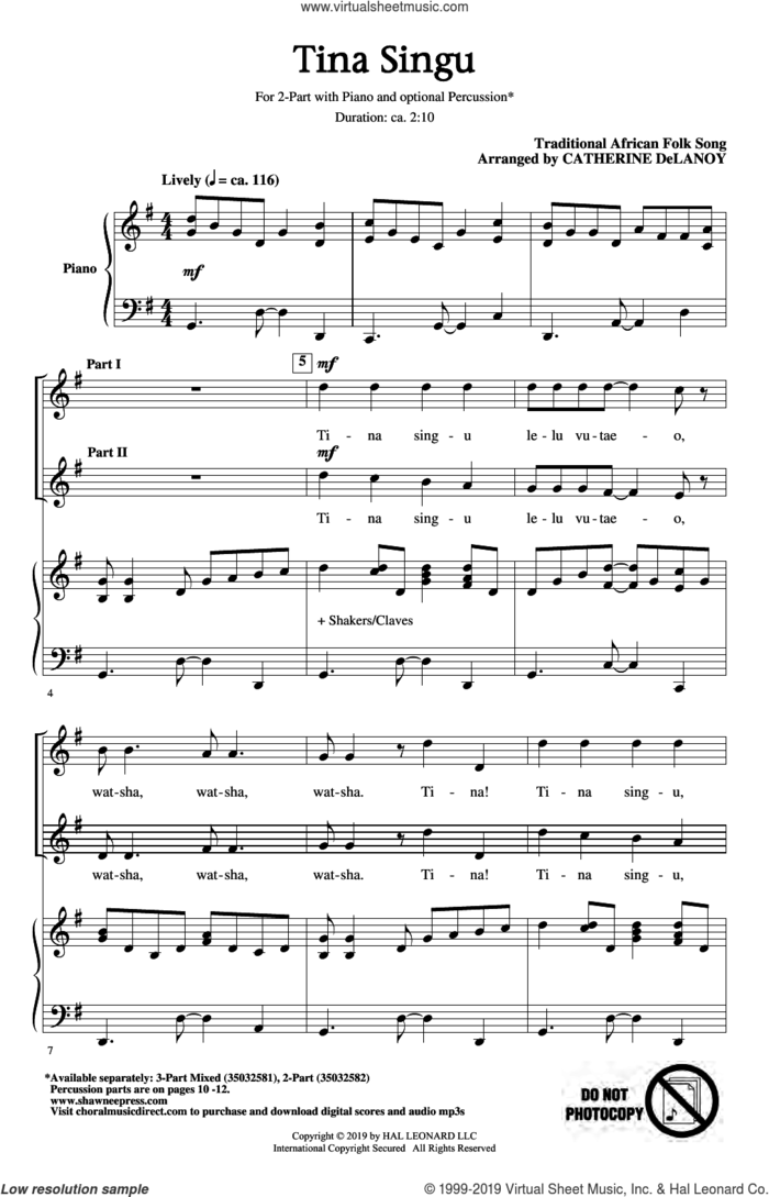 Tina Singu sheet music for choir (2-Part) by Catherine Delanoy and Miscellaneous, intermediate duet
