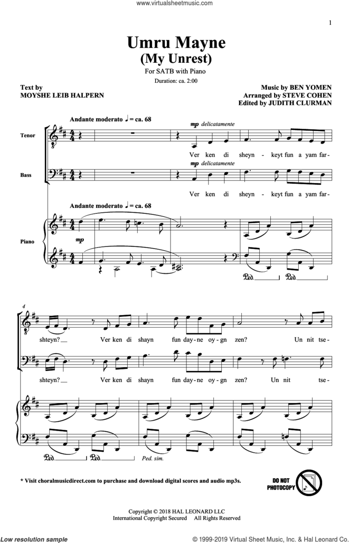 Umru Mayne (My Unrest) (arr. Steve Cohen) sheet music for choir (SATB: soprano, alto, tenor, bass) by Ben Yomen, Steve Cohen and Moyseh Leib Halpern, intermediate skill level