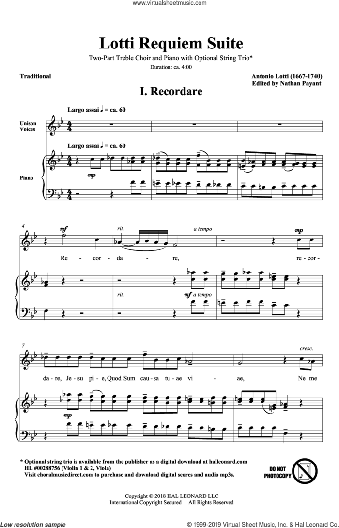 Lotti Requiem Suite (arr. Natahn Payant) sheet music for choir (2-Part) by Antonio Lotti, Nathan Payant and Traditional Mass Text, classical score, intermediate duet