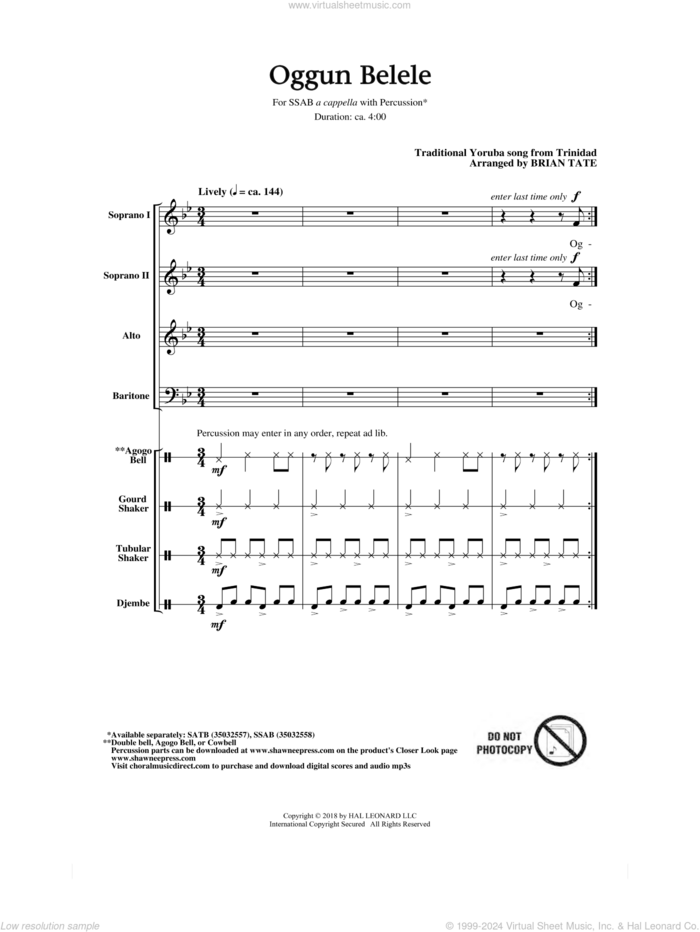 Oggun Belele sheet music for choir (SATB: soprano, alto, tenor, bass) by Brian Tate, intermediate skill level