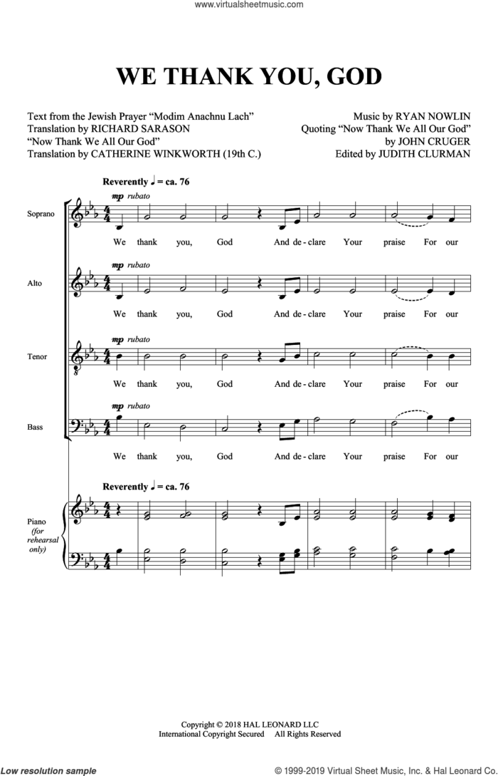We Thank You, God sheet music for choir (SATB: soprano, alto, tenor, bass) by Ryan Nowlin, John Cruger and Modim Anachnu Lach, intermediate skill level