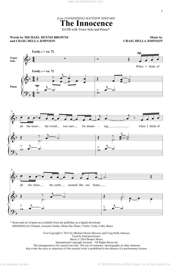 The Innocence (from Considering Matthew Shepard) sheet music for choir (SATB: soprano, alto, tenor, bass) by Craig Hella Johnson and Michael Dennis Browne, intermediate skill level
