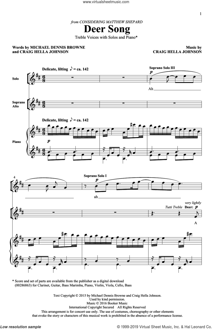 Deer Song (from Considering Matthew Shepard) sheet music for choir (SSA: soprano, alto) by Craig Hella Johnson and Michael Dennis Browne, intermediate skill level