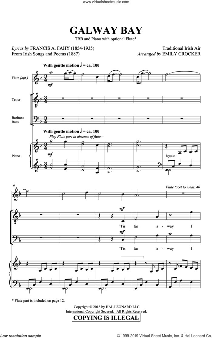 Galway Bay sheet music for choir (TBB: tenor, bass) by Emily Crocker, Francis A. Fahy and Traditional Irish Air, intermediate skill level