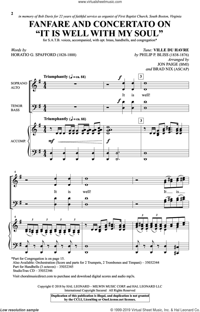 Fanfare And Concertato On 'It Is Well With My Soul' (arr. Jon Paige and Brad Nix) sheet music for choir (SATB: soprano, alto, tenor, bass) by Philip P. Bliss, Brad Nix, Jon Paige and Horatio Spafford, intermediate skill level