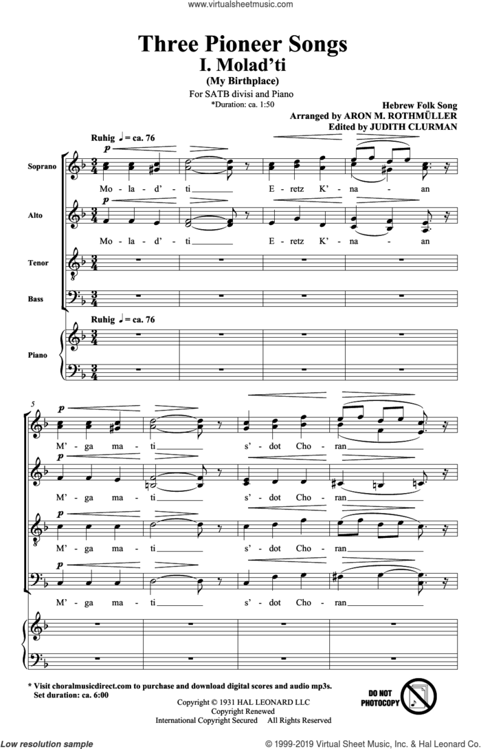 Three Pioneer Songs sheet music for choir (SATB: soprano, alto, tenor, bass) by Aron M. Rothmuller and Hebrew Folk Songs, intermediate skill level