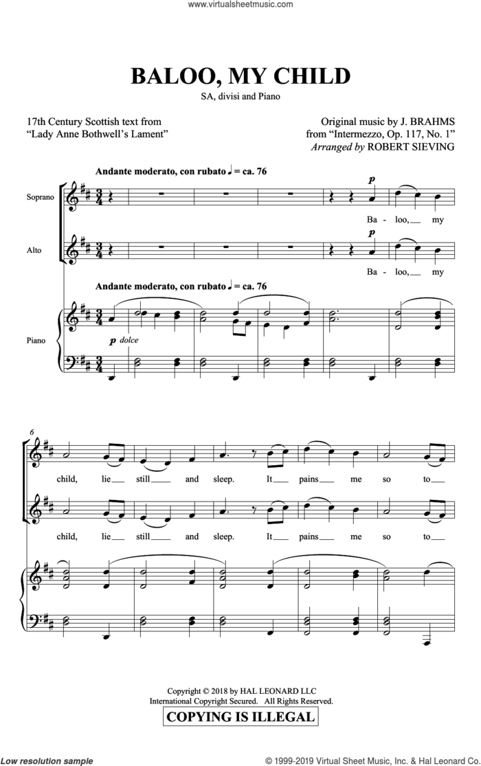 Baloo, My Child (arr. Robert Sieving) sheet music for choir (2-Part) by Brahms, Johannes, Robert Sieving and 17th Century Scottish, intermediate duet