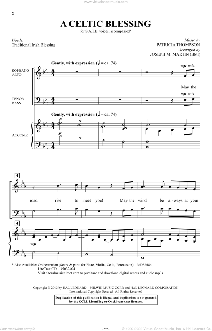 A Celtic Blessing (arr. Joseph M. Martin) sheet music for choir (SATB: soprano, alto, tenor, bass) by Patricia Thompson, Joseph M. Martin and Traditional Irish Blessing, intermediate skill level
