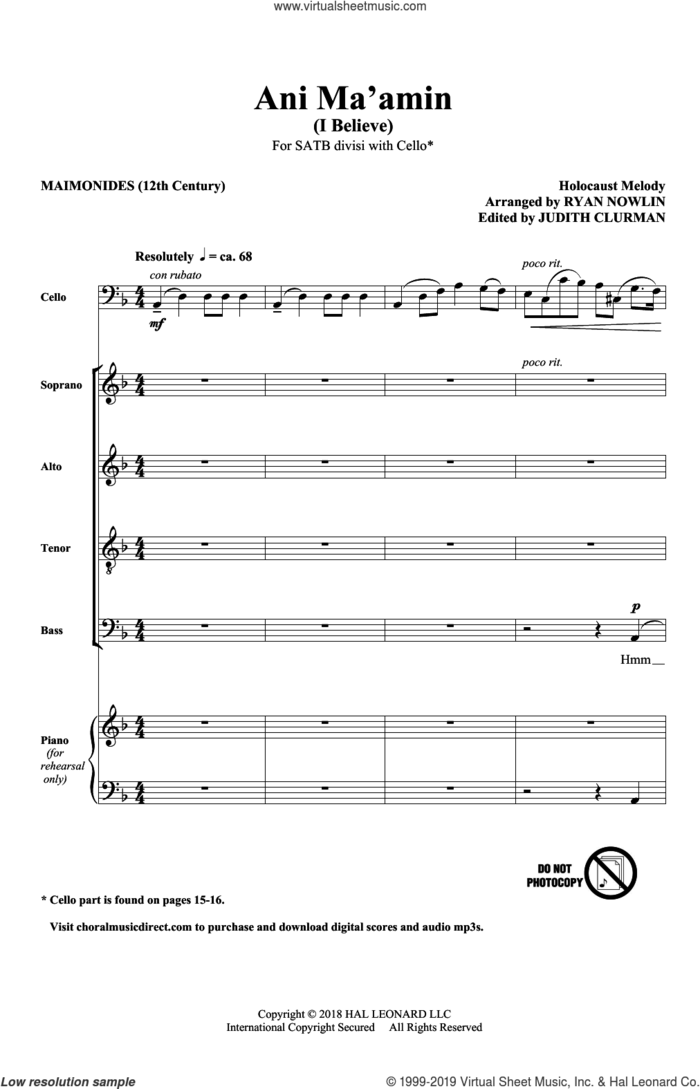 Ani Ma'Amin sheet music for choir (SATB: soprano, alto, tenor, bass) by Ryan Nowlin and 13th Century Text, intermediate skill level