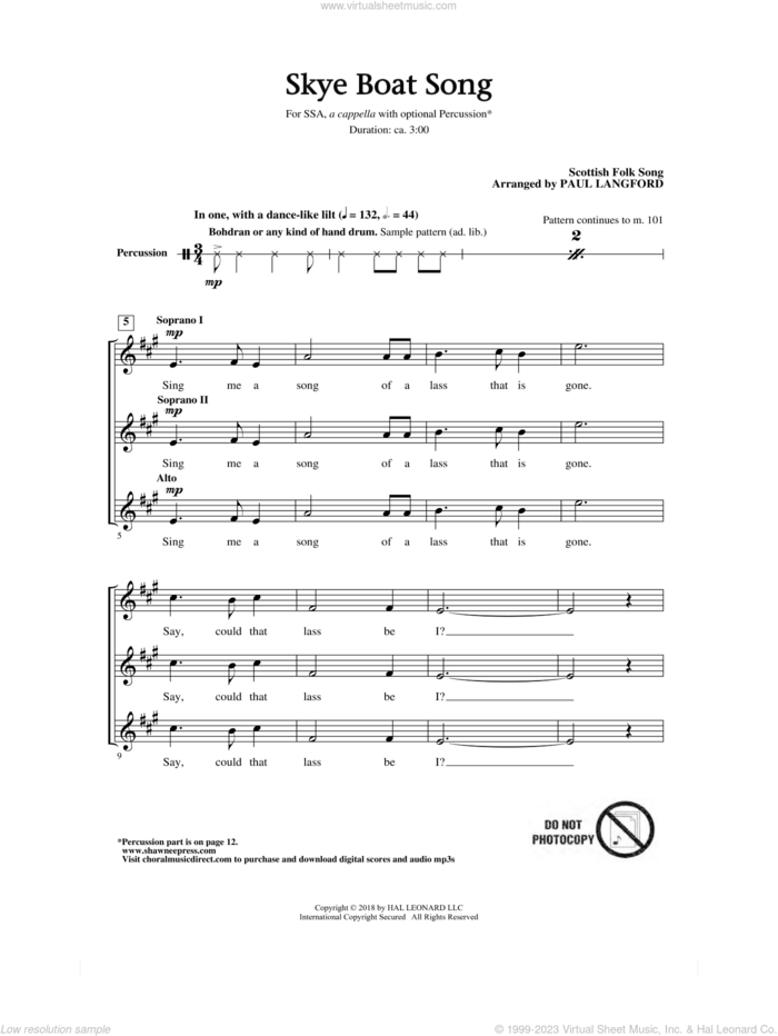 Skye Boat Song sheet music for choir (SSA: soprano, alto) by Paul Langford and Scottish Folk Song, intermediate skill level