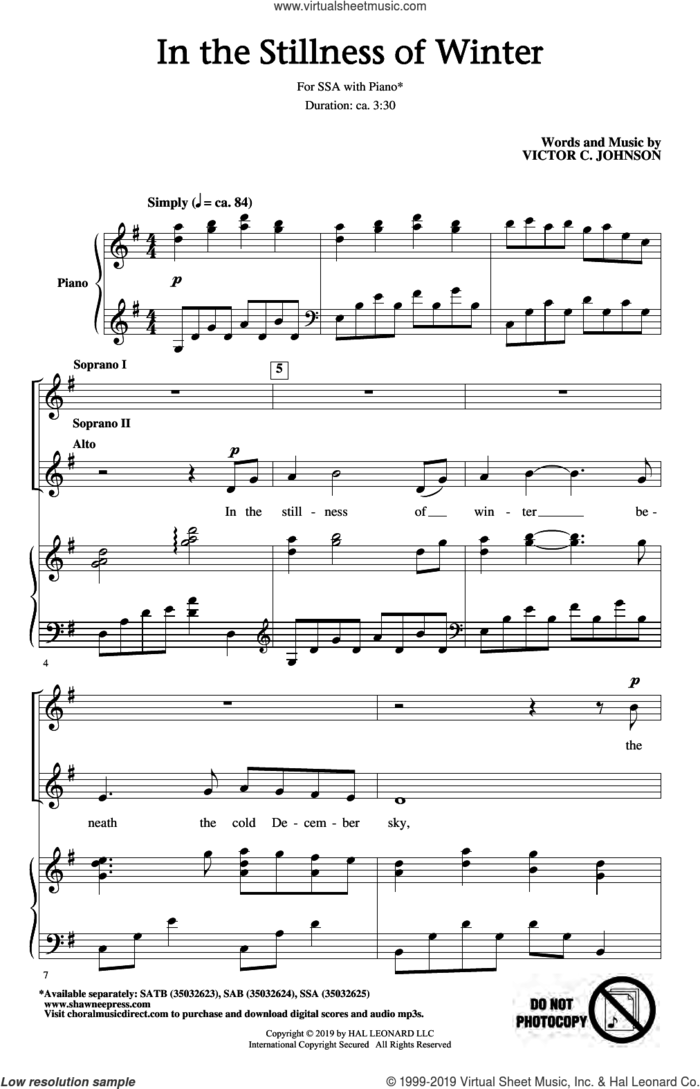 In The Stillness Of Winter sheet music for choir (SSA: soprano, alto) by Victor Johnson, intermediate skill level