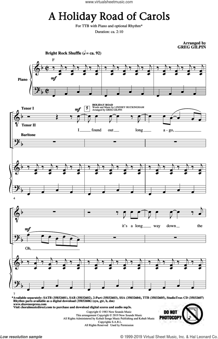 A Holiday Road of Carols sheet music for choir (TTBB: tenor, bass) by Lindsey Buckingham and Greg Gilpin, intermediate skill level
