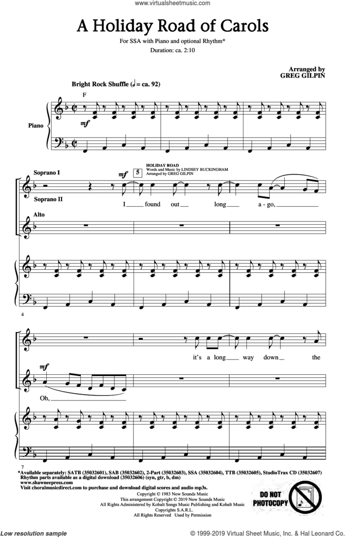 A Holiday Road of Carols sheet music for choir (SSA: soprano, alto) by Lindsey Buckingham and Greg Gilpin, intermediate skill level