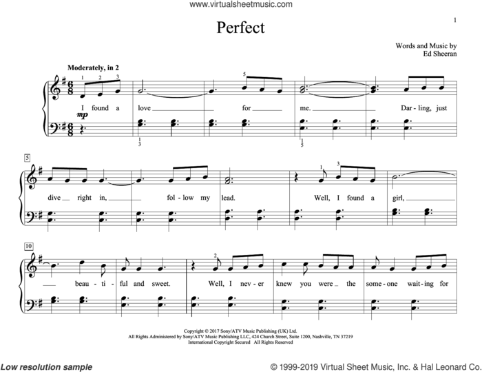 Perfect sheet music for piano solo (elementary) by Ed Sheeran, wedding score, beginner piano (elementary)