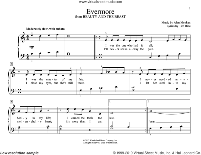 Evermore (from Beauty And The Beast) sheet music for piano solo (elementary) by Josh Groban, Alan Menken and Tim Rice, beginner piano (elementary)