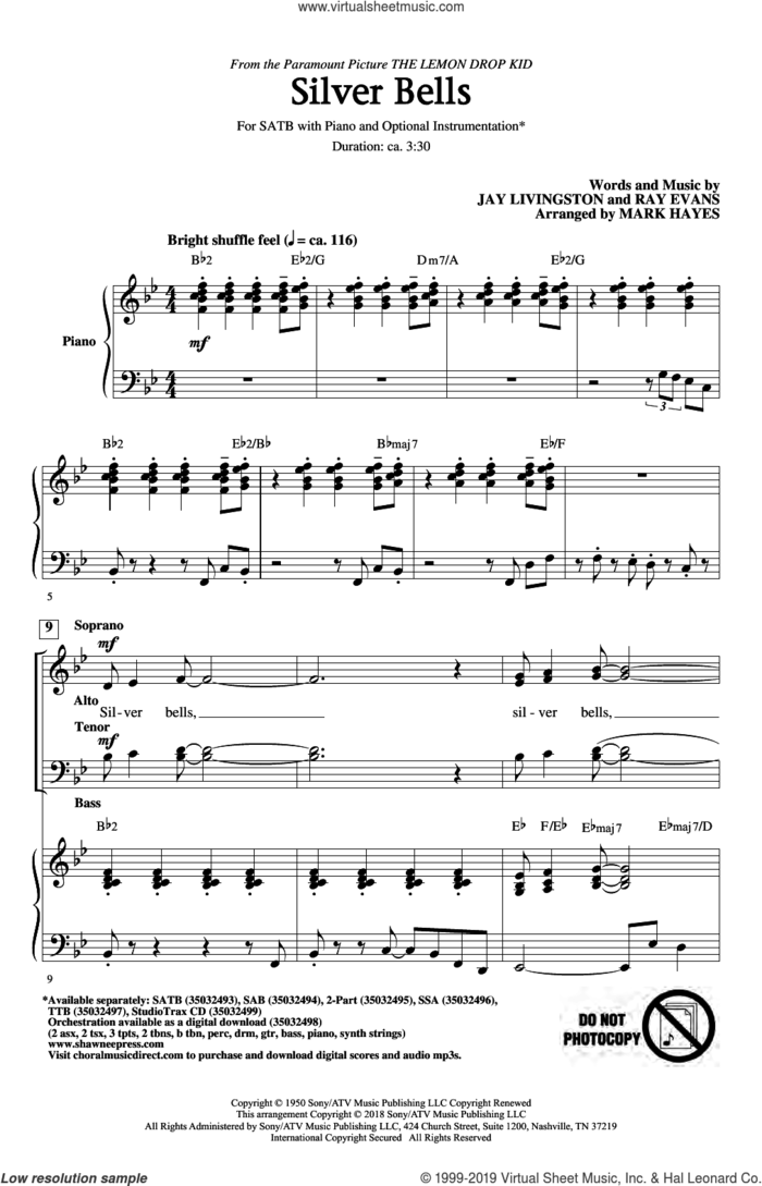 Silver Bells (arr. Mark Hayes) sheet music for choir (SATB: soprano, alto, tenor, bass) by Jay Livingston, Mark Hayes, Jay Livingston & Ray Evans and Ray Evans, intermediate skill level