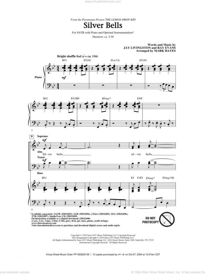 Silver Bells (arr. Mark Hayes) sheet music for choir (SATB: soprano, alto, tenor, bass) by Jay Livingston, Mark Hayes, Jay Livingston & Ray Evans and Ray Evans, intermediate skill level