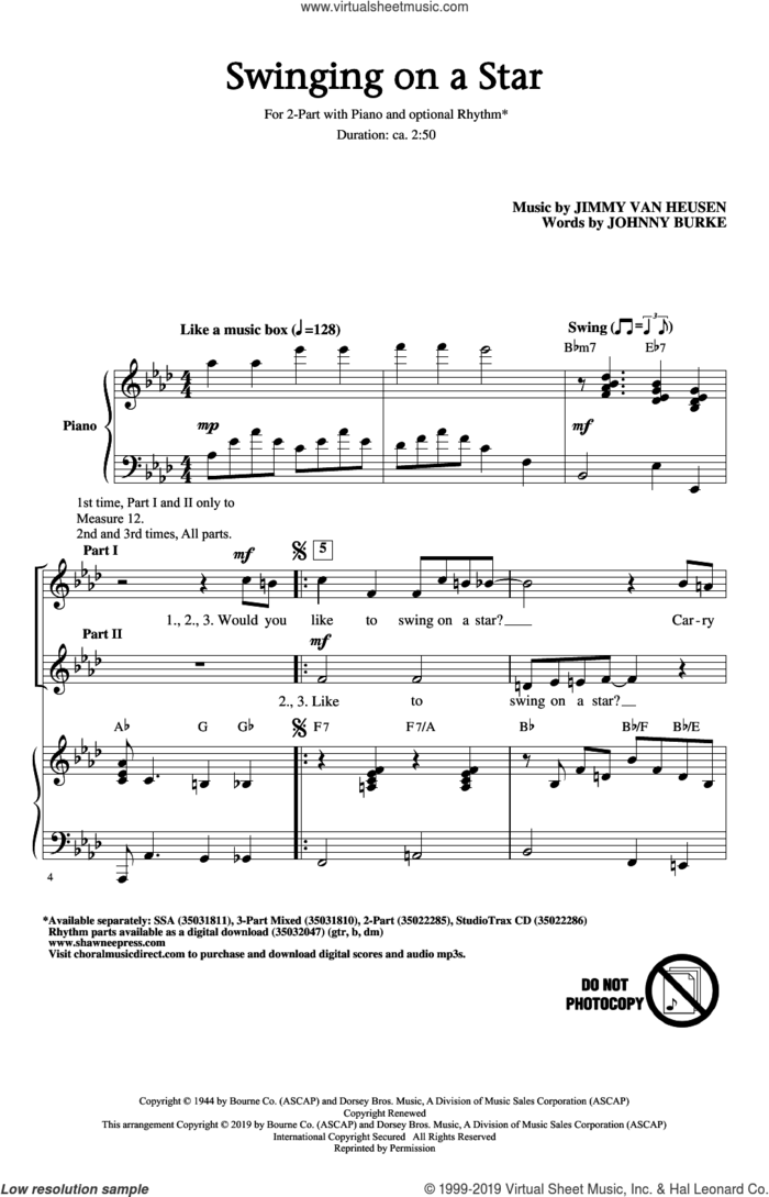 Swinging on a Star (arr. Greg Gilpin) sheet music for choir (2-Part) by Jimmy Van Heusen, Greg Gilpin, Jimmy Van Heusen & Johnny Burke and John Burke, intermediate duet