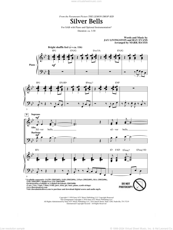 Silver Bells (arr. Mark Hayes) sheet music for choir (SAB: soprano, alto, bass) by Jay Livingston, Mark Hayes, Jay Livingston & Ray Evans and Ray Evans, intermediate skill level
