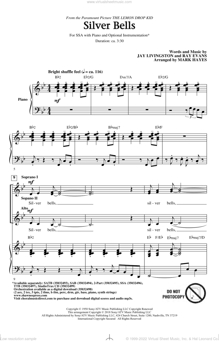Silver Bells (arr. Mark Hayes) sheet music for choir (SSA: soprano, alto) by Jay Livingston, Mark Hayes, Jay Livingston & Ray Evans and Ray Evans, intermediate skill level