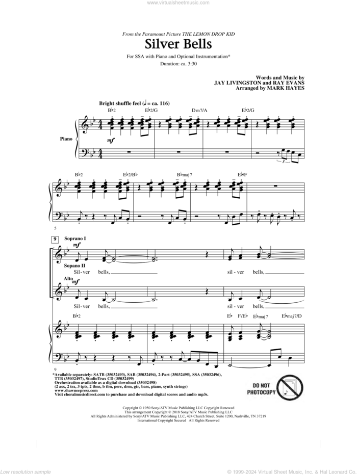 Silver Bells (arr. Mark Hayes) sheet music for choir (SSA: soprano, alto) by Jay Livingston, Mark Hayes, Jay Livingston & Ray Evans and Ray Evans, intermediate skill level