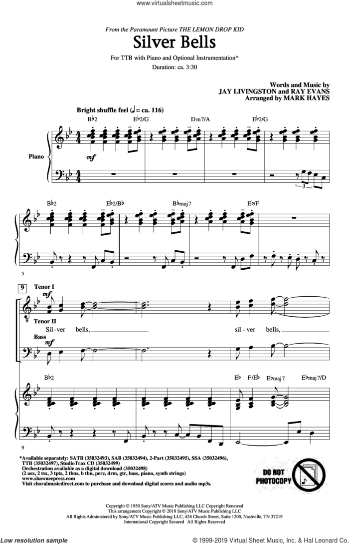 Silver Bells (arr. Mark Hayes) sheet music for choir (TTBB: tenor, bass) by Jay Livingston, Mark Hayes, Jay Livingston & Ray Evans and Ray Evans, intermediate skill level