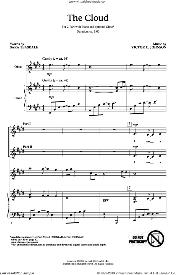 The Cloud sheet music for choir (2-Part) by Victor Johnson, Sara Teasdale and Sara Teasdale & Victor C. Johnson, intermediate duet