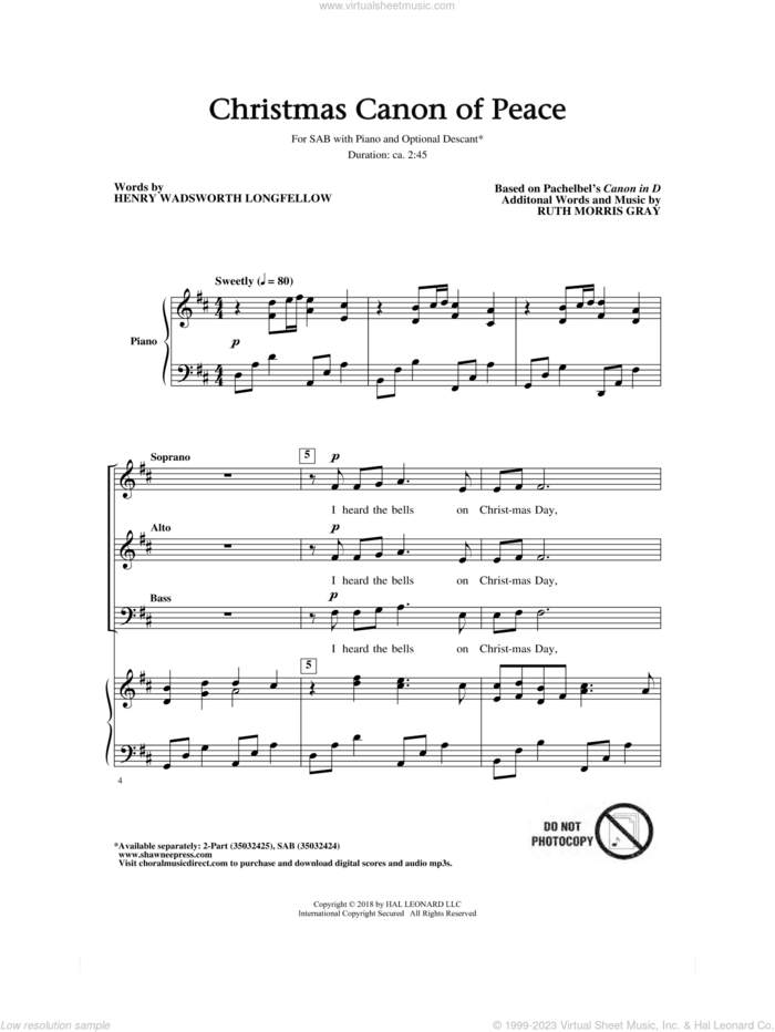 Christmas Canon Of Peace (arr. Ruth Morris Gray) sheet music for choir (SAB: soprano, alto, bass) by Ruth Morris Gray, Henry Wadsworth Longfellow and Johann Pachelbel, intermediate skill level