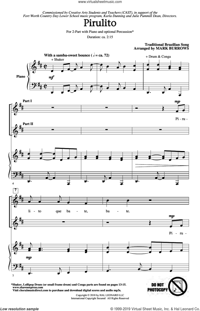 Pirulito sheet music for choir (2-Part) by Mark Burrows and Traditional Brazilian Song, intermediate duet