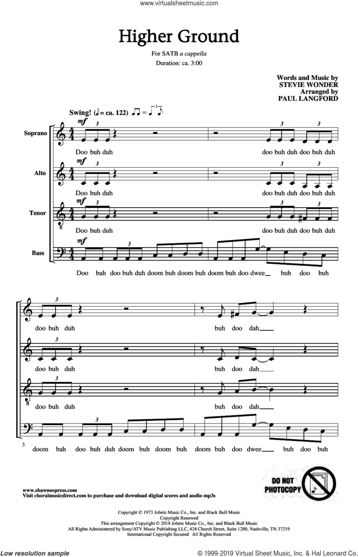 Higher Ground (arr. Paul Langford) sheet music for choir (SATB: soprano, alto, tenor, bass) by Stevie Wonder, Paul Langford and Red Hot Chili Peppers, intermediate skill level