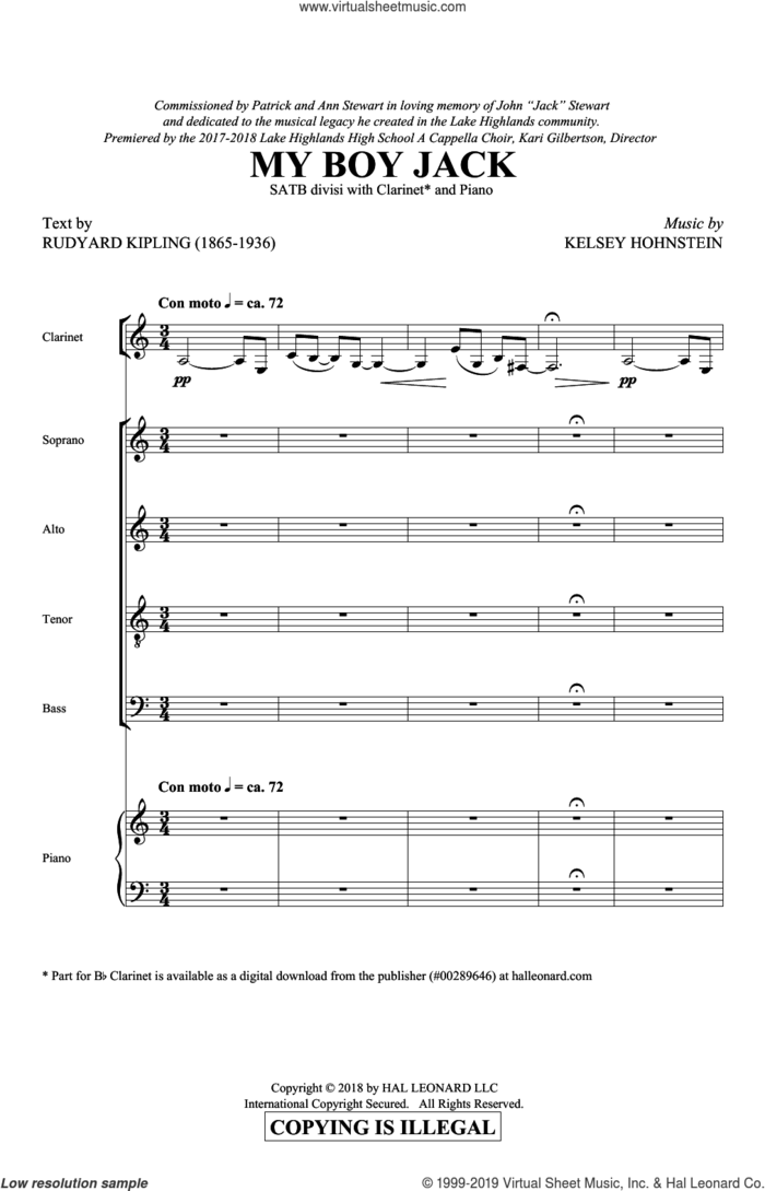My Boy Jack sheet music for choir (SATB: soprano, alto, tenor, bass) by Rudyard Kipling and Kelsey Hohnstein, intermediate skill level