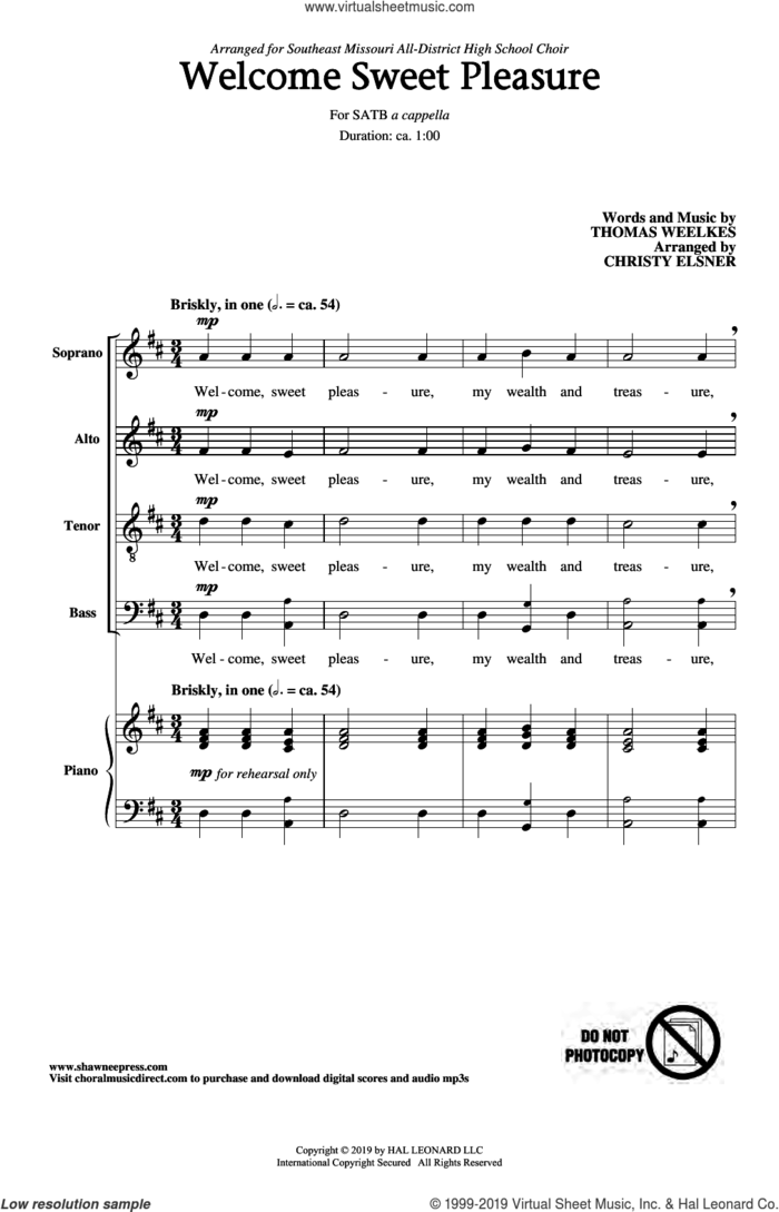 Welcome Sweet Pleasure (arr. Christy Elsner) sheet music for choir (SATB: soprano, alto, tenor, bass) by Thomas Weelkes and Christy Elsner, intermediate skill level