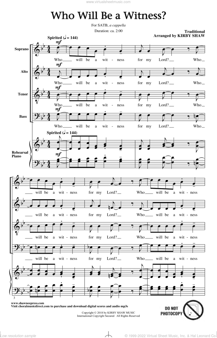 Who Will Be A Witness? sheet music for choir (SATB: soprano, alto, tenor, bass) by Kirby Shaw and Miscellaneous, intermediate skill level