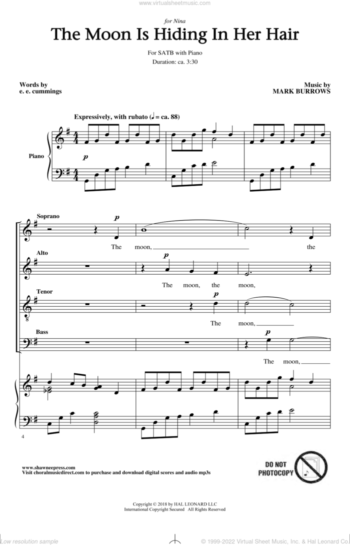 The Moon Is Hiding In Her Hair sheet music for choir (SATB: soprano, alto, tenor, bass) by Mark Burrows and e e cummings, intermediate skill level