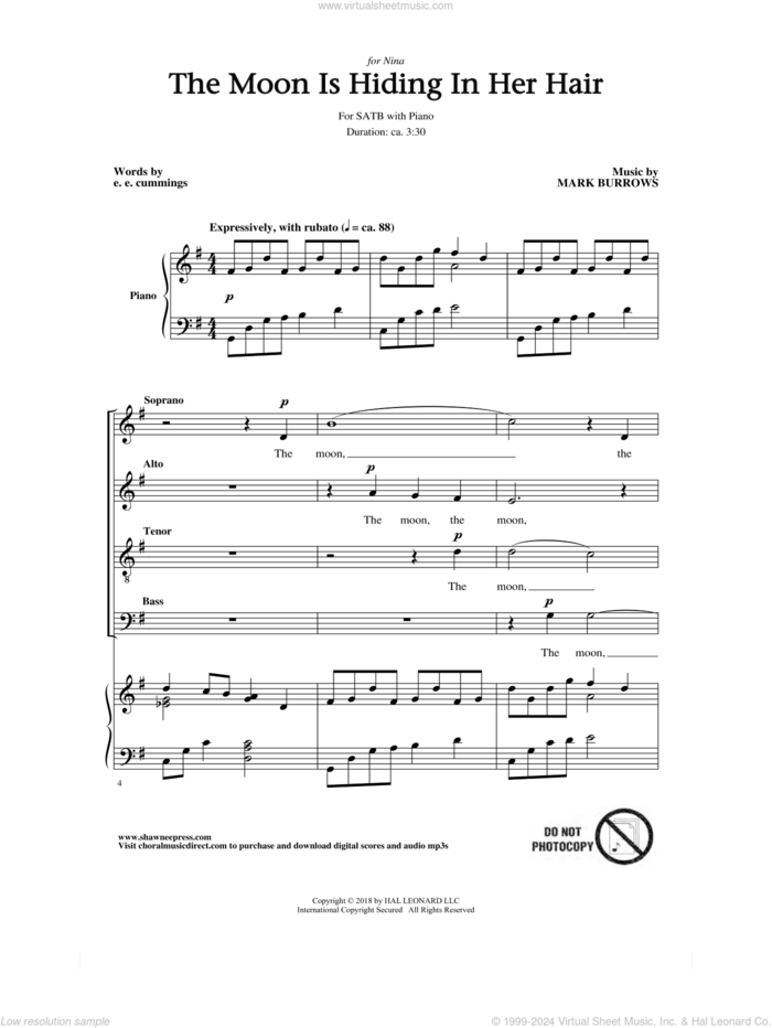 The Moon Is Hiding In Her Hair sheet music for choir (SATB: soprano, alto, tenor, bass) by Mark Burrows and e e cummings, intermediate skill level