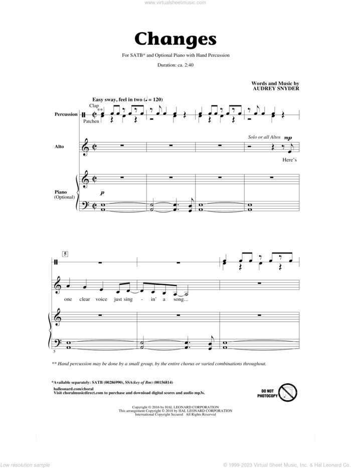 Changes sheet music for choir (SATB: soprano, alto, tenor, bass) by Audrey Snyder, intermediate skill level