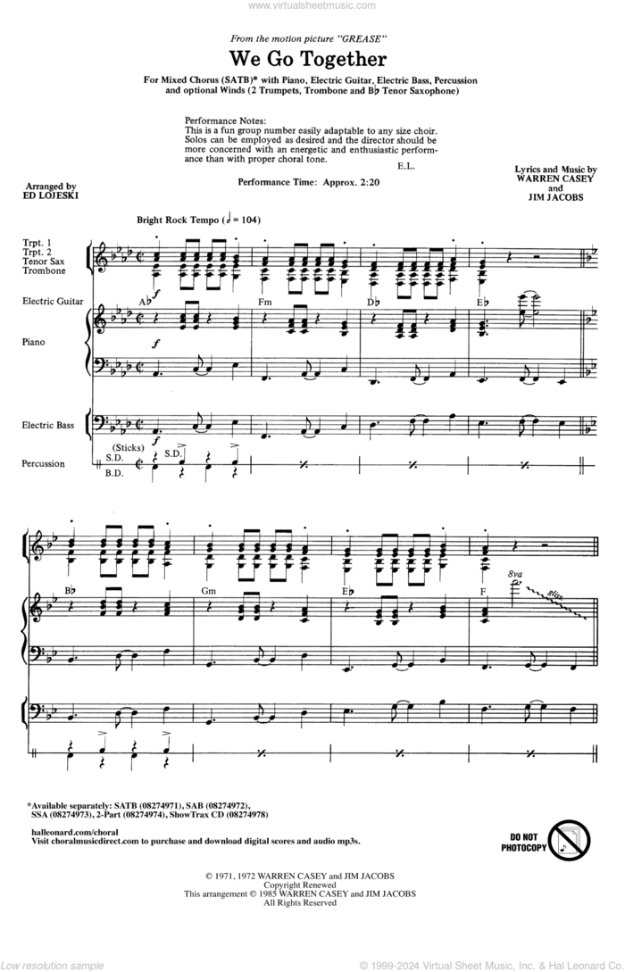 We Go Together (from Grease) (arr. Ed Lojeski) sheet music for choir (SATB: soprano, alto, tenor, bass) by Jim Jacobs, Ed Lojeski, Jim Jacobs & Warren Casey and Warren Casey, intermediate skill level