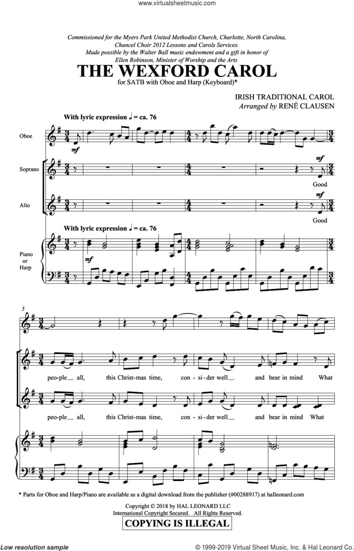 The Wexford Carol (arr. Rene Clausen) sheet music for choir (SATB: soprano, alto, tenor, bass) by Rene Clausen and Miscellaneous, intermediate skill level